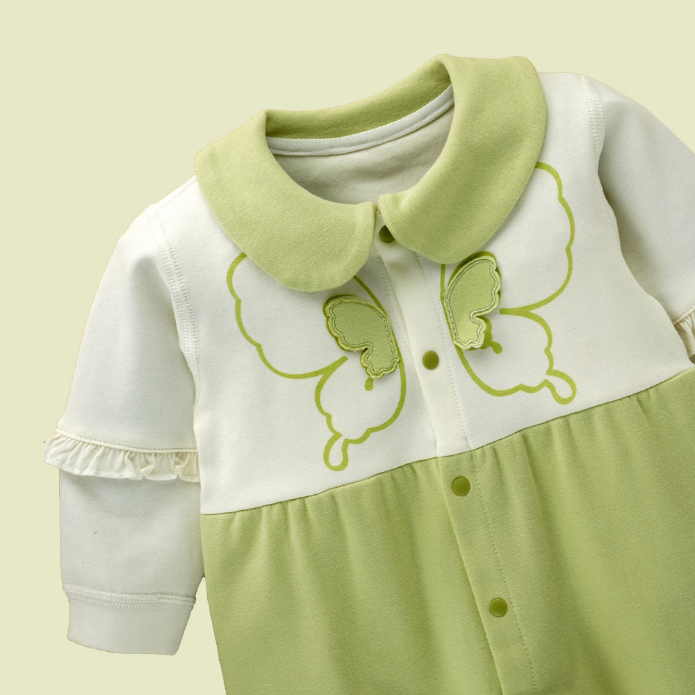 Little Surprise Box, Green & Cream  Butterfly Full Sleeves Jumpsuit Style Romper For Tiny Toddlers