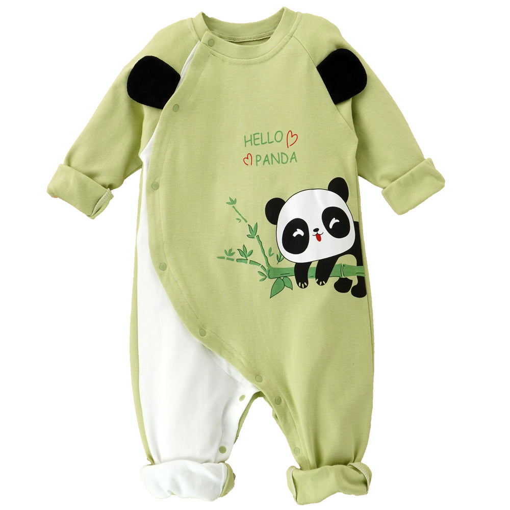 Little Surprise Box, Green Panda Full Sleeves Jumpsuit Style Romper For Tiny Toddlers