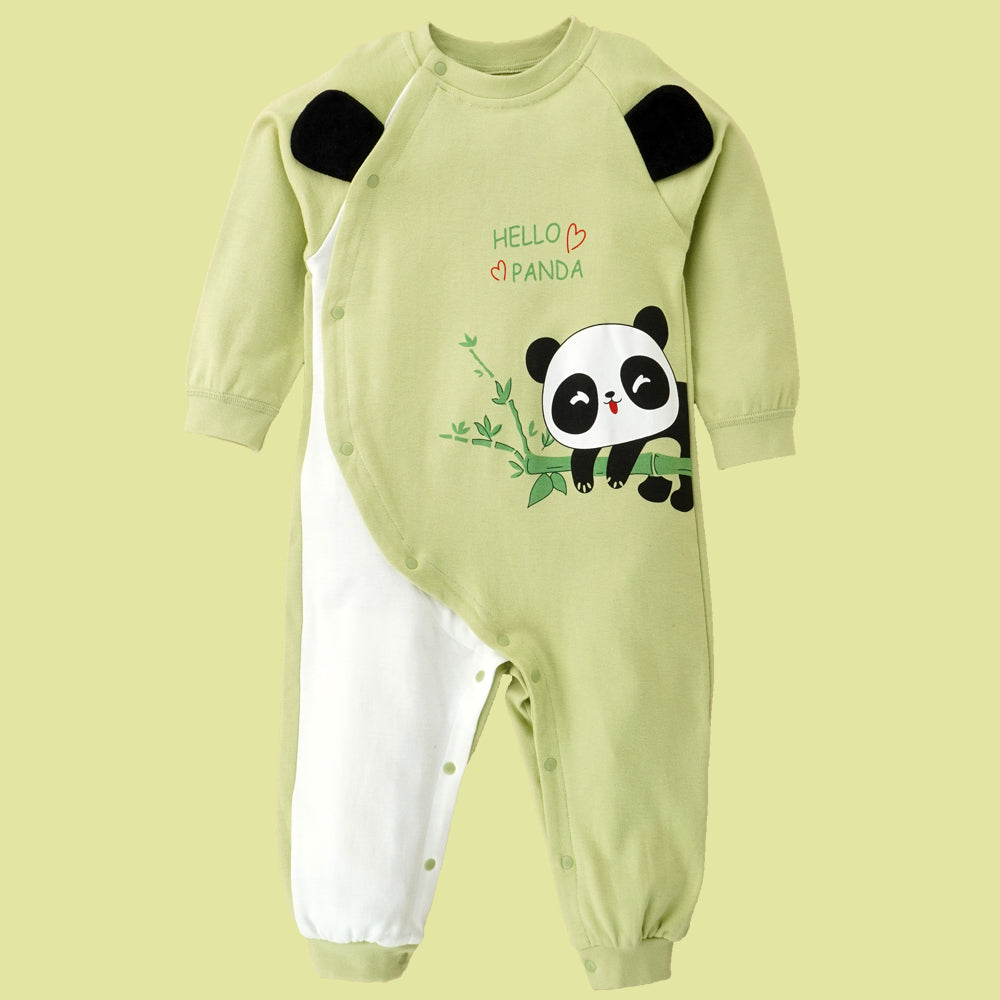 Little Surprise Box, Green Panda Full Sleeves Jumpsuit Style Romper For Tiny Toddlers