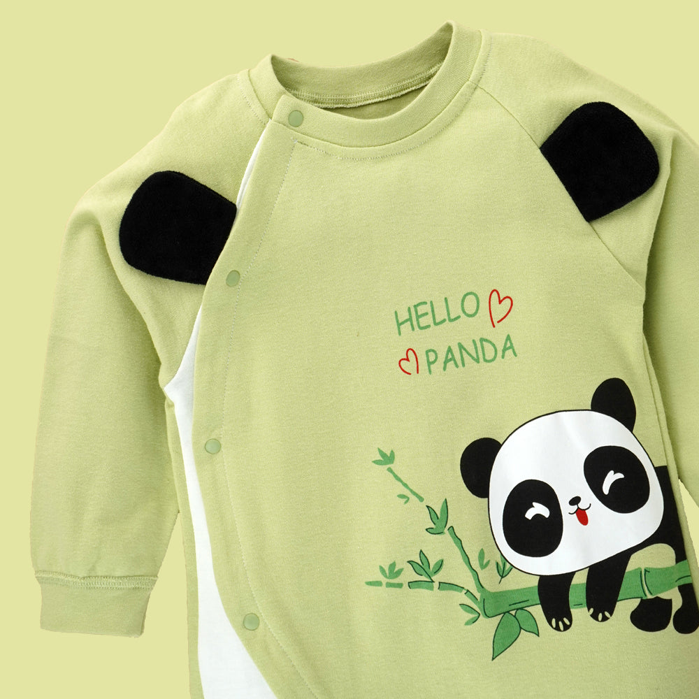 Little Surprise Box, Green Panda Full Sleeves Jumpsuit Style Romper For Tiny Toddlers