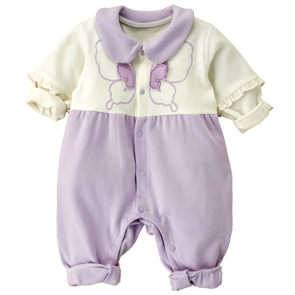 Little Surprise Box, Purple & Cream  Butterfly Full Sleeves Jumpsuit Style Romper For Tiny Toddlers