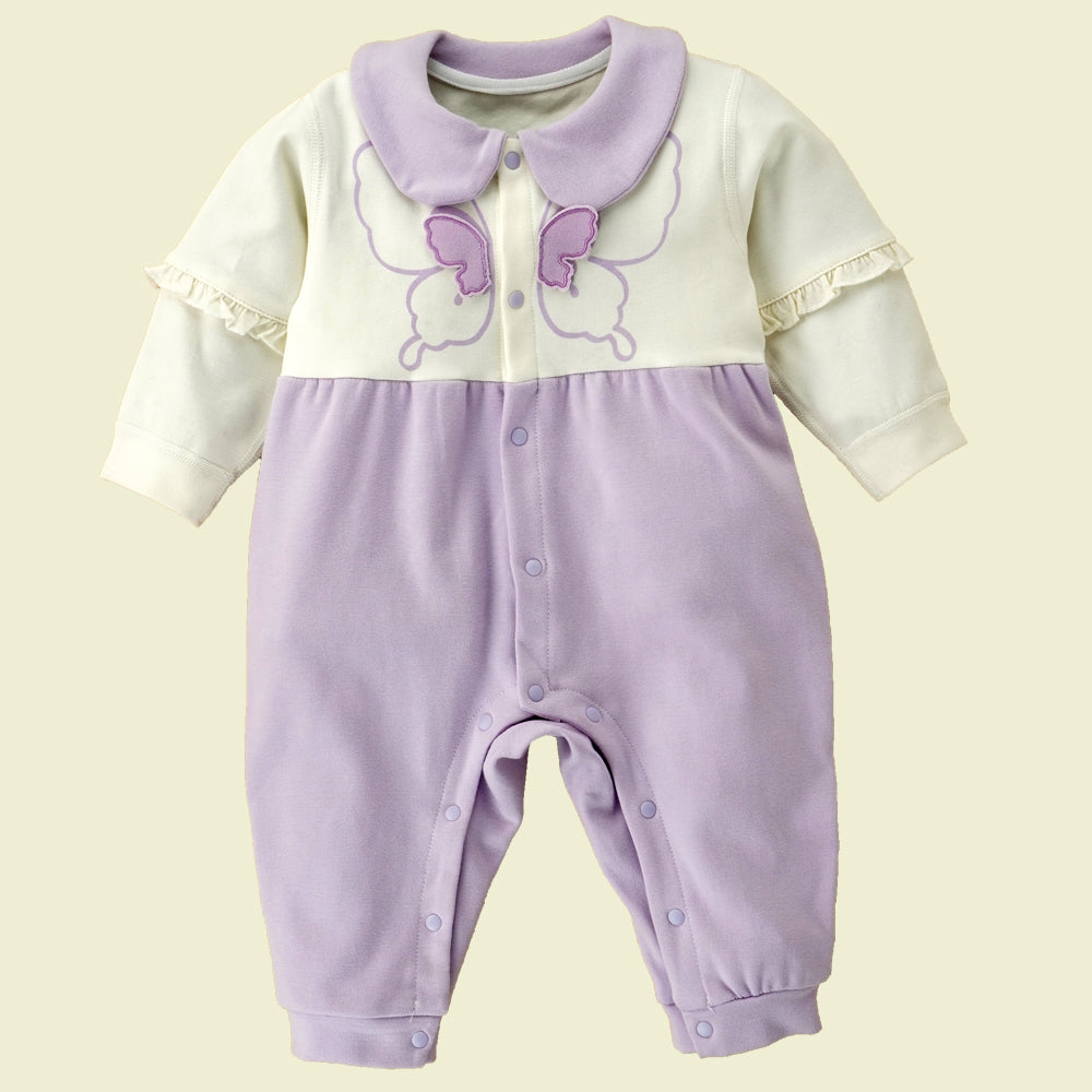 Little Surprise Box, Purple & Cream  Butterfly Full Sleeves Jumpsuit Style Romper For Tiny Toddlers