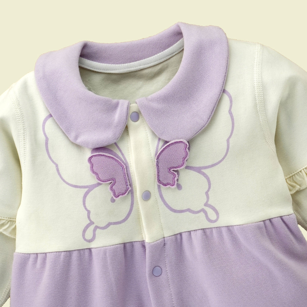 Little Surprise Box, Purple & Cream  Butterfly Full Sleeves Jumpsuit Style Romper For Tiny Toddlers