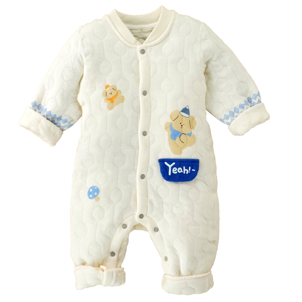 Little Surprise Box, Quilted Cream & Blue Winterwear, Full Sleeves Romper For Tiny Toddlers