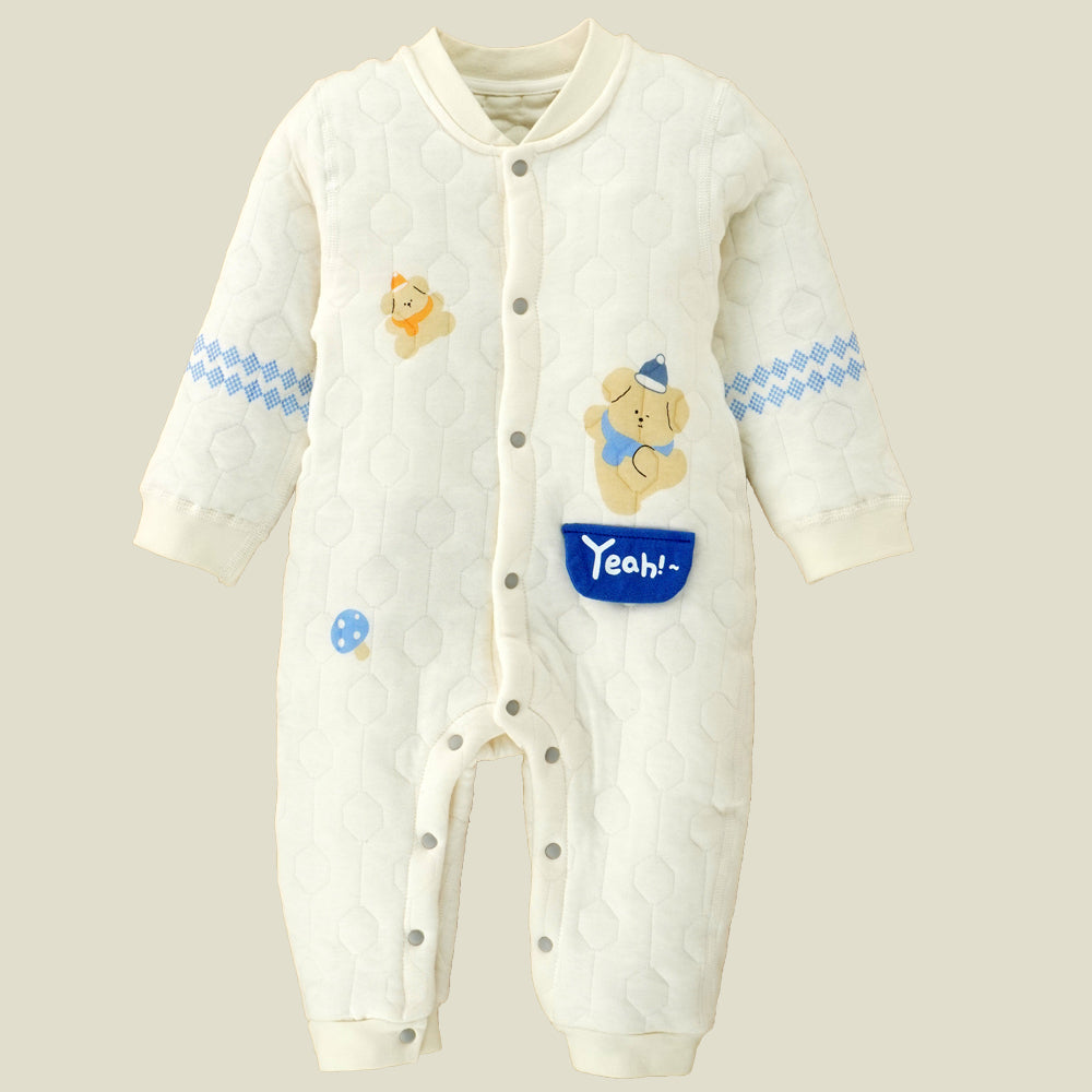 Little Surprise Box, Quilted Cream & Blue Winterwear, Full Sleeves Romper For Tiny Toddlers