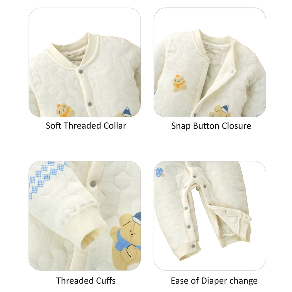 Little Surprise Box, Quilted Cream & Blue Winterwear, Full Sleeves Romper For Tiny Toddlers