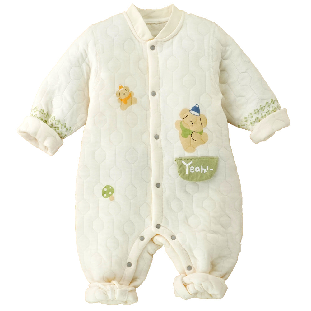 Little Surprise Box, Quilted Cream & Green Winterwear, Full Sleeves Romper For Tiny Toddlers