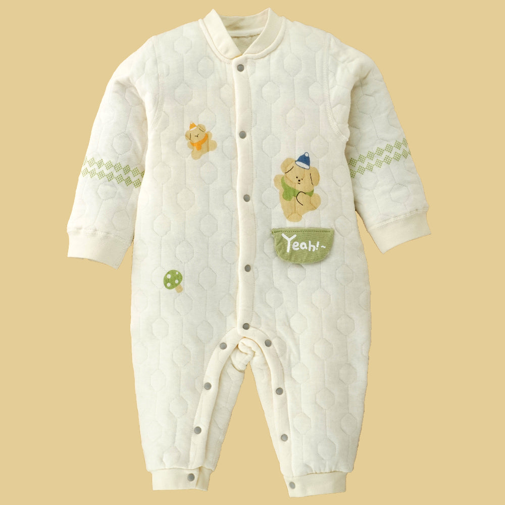 Little Surprise Box, Quilted Cream & Green Winterwear, Full Sleeves Romper For Tiny Toddlers