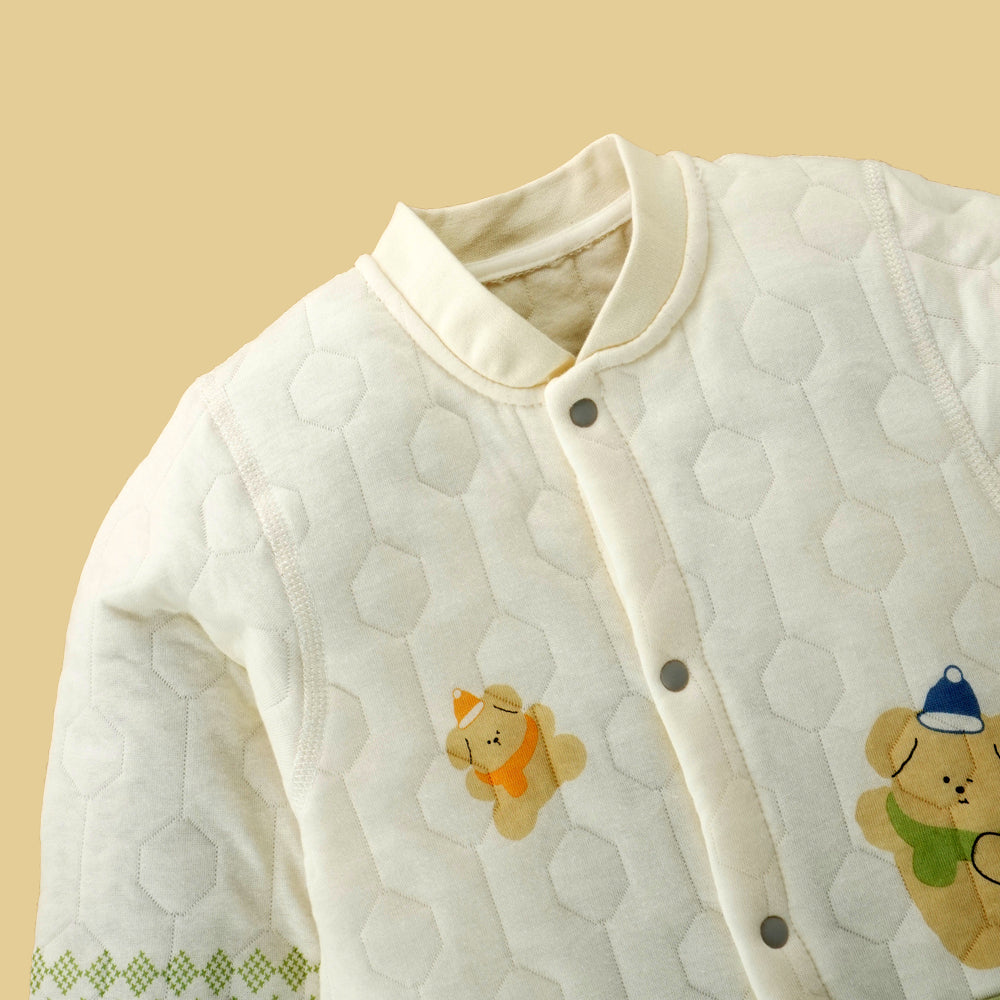 Little Surprise Box, Quilted Cream & Green Winterwear, Full Sleeves Romper For Tiny Toddlers