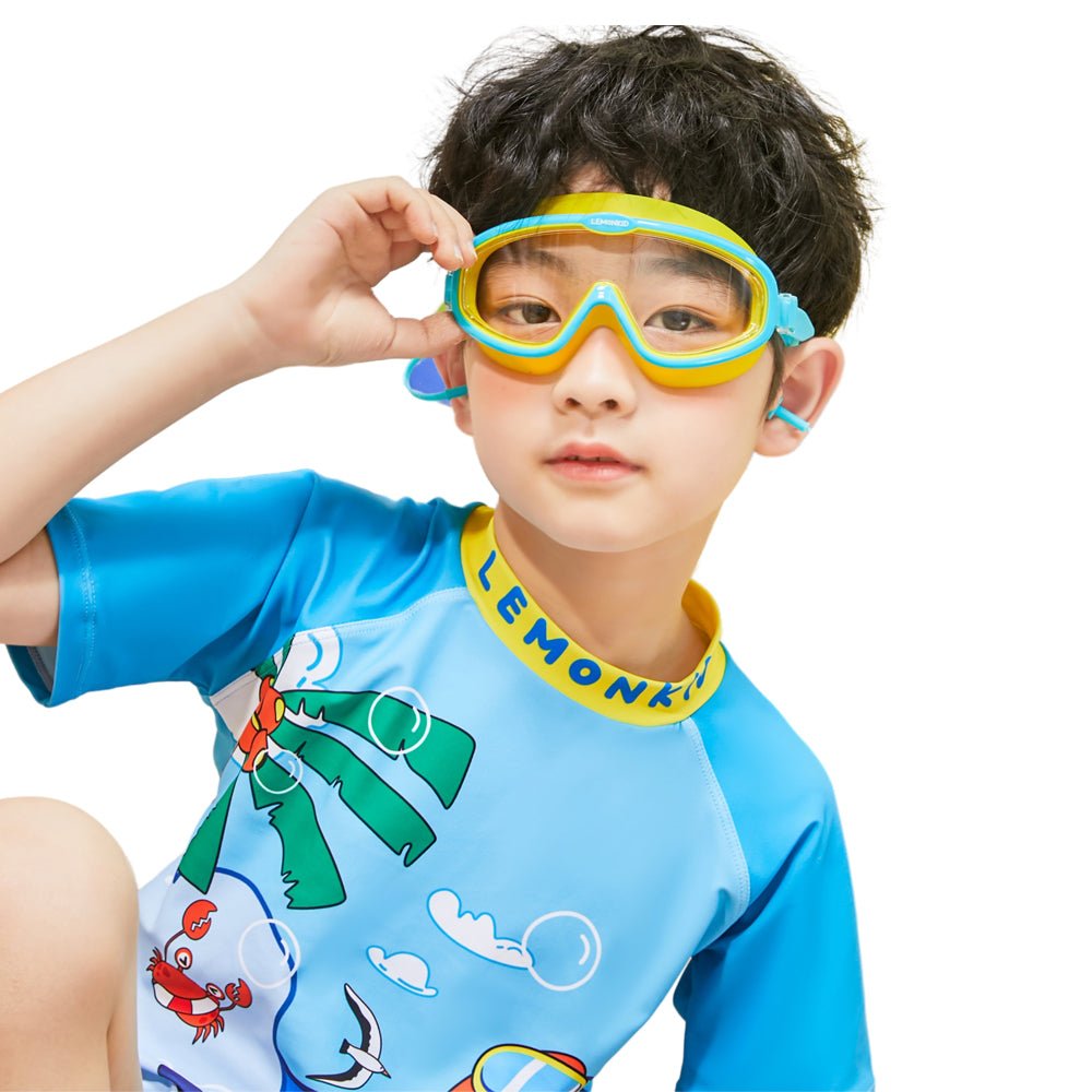 Blue Yellow two border Anti Fog UV Protection Leakproof Design Swim Goggles for Kids,4yrs  - 10yrs