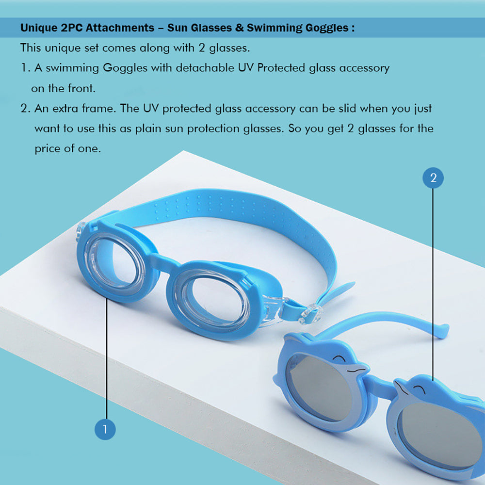 Blue Whale Dual Glass Frame Sun protection & Swimming Goggles For Kids, UV Protected And Anti Fog