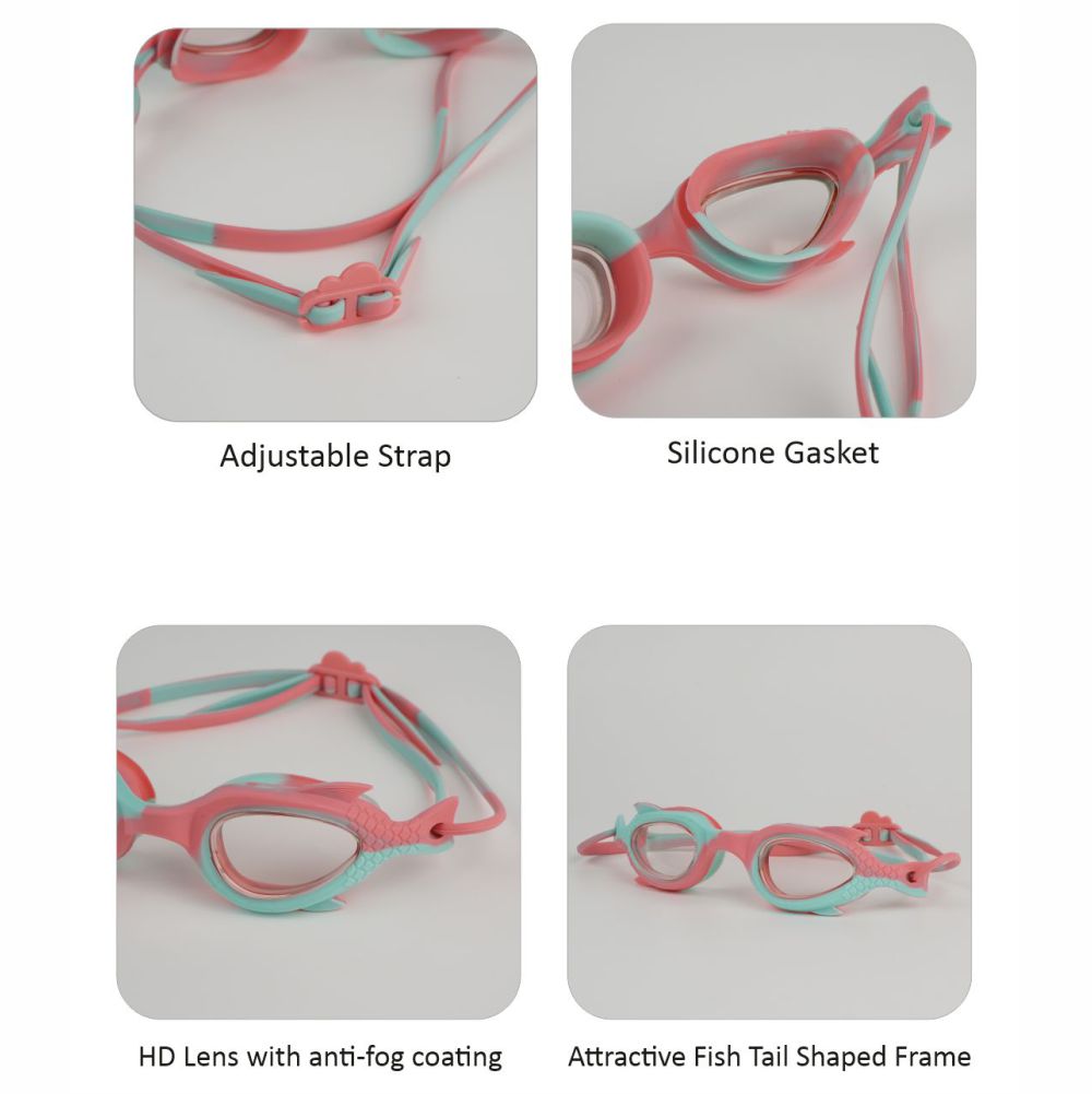 Pink & Mint Fishtail Designed Frame, Anti Fog UV Protection Leakproof Design Swim Goggles for Kids, 3 years - 8 years
