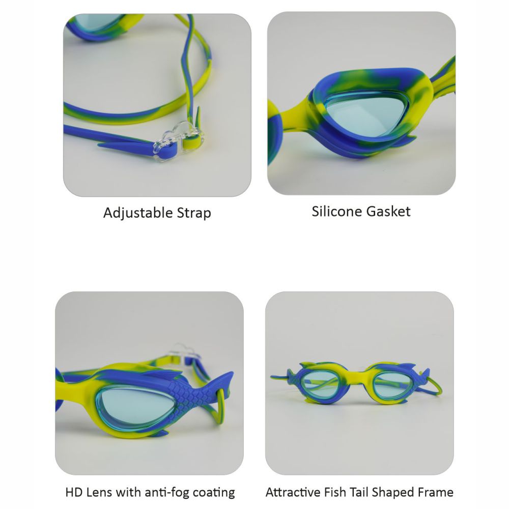 Yellow & Blue Fishtail Designed Frame, Anti Fog UV Protection Leakproof Design Swim Goggles for Kids, 3 years - 8 years