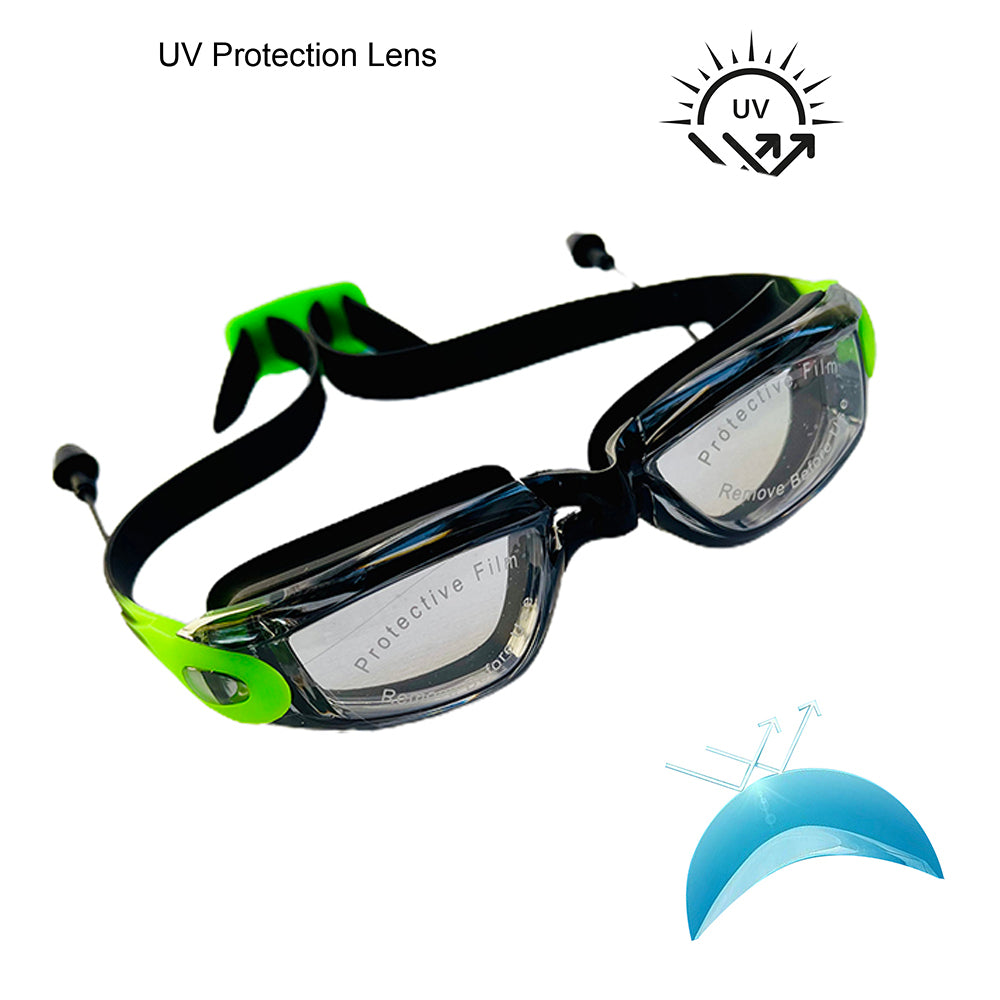 Little Surprise Box, X Factor Black & Green UV protected Unisex Swimming Goggles with attached Ear Plugs for Teens