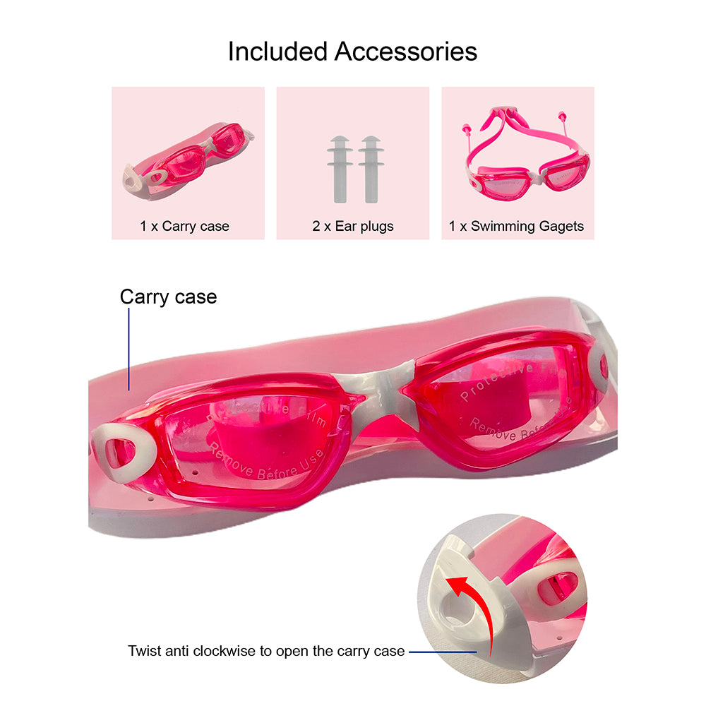 Little Surprise Box, X Factor Pink UV protected Unisex Swimming Goggles with attached Ear Plugs for Teens