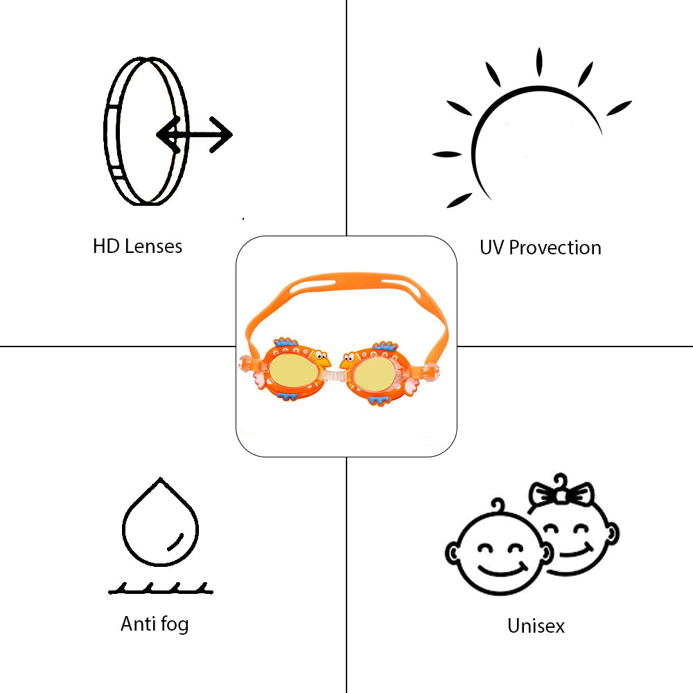 Orange Spiky Fish Frame UV protected Anti-Fog Unisex Swimming Goggles For Kids.