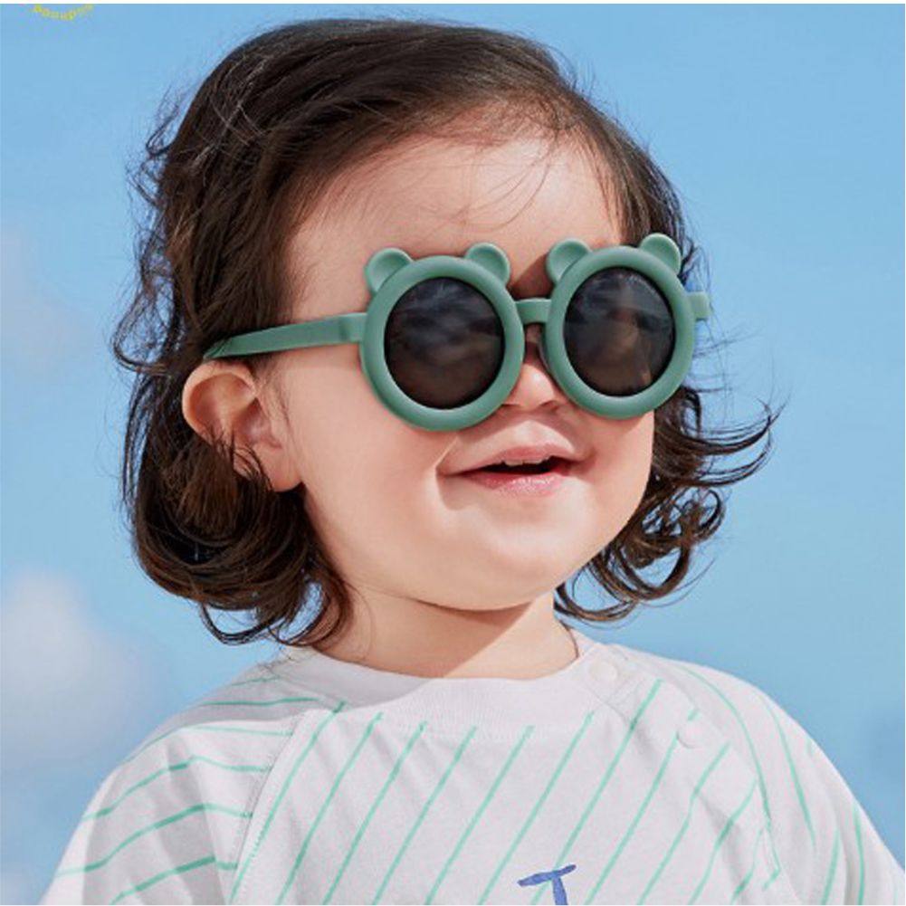 2d Ear Green Frame Anti Ultraviolet Unisex Sunglasses for Toddlers with Satin Storage Pouch