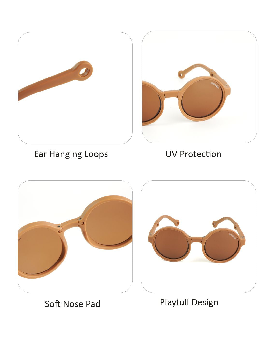 3Fold Round Mocca Brown Frame Anti Ultraviolet Unisex Sunglasses for Toddlers with Pouch Hardcase Storage