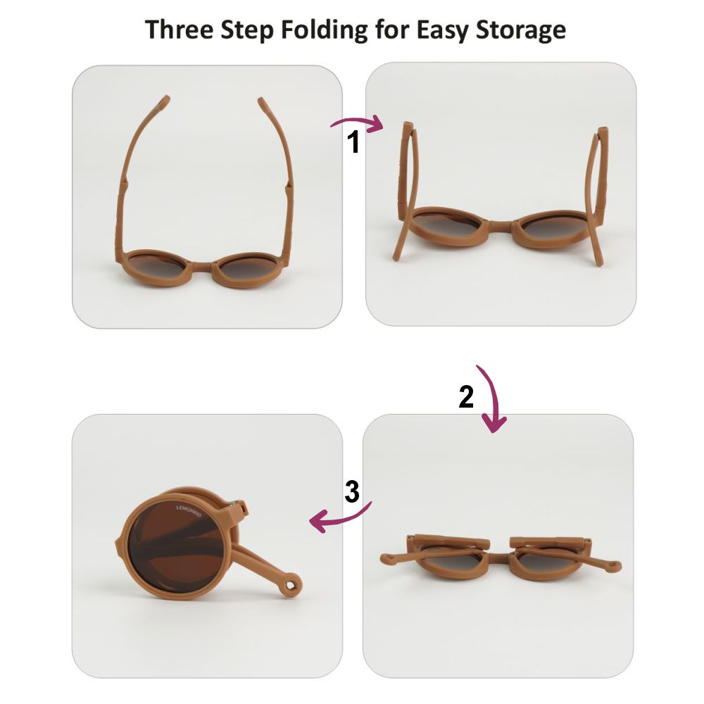 3Fold Round Mocca Brown Frame Anti Ultraviolet Unisex Sunglasses for Toddlers with Pouch Hardcase Storage