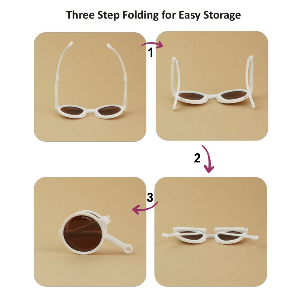 3Fold Round Cream Frame Anti Ultraviolet Unisex Sunglasses for Toddlers with Pouch Hardcase Storage