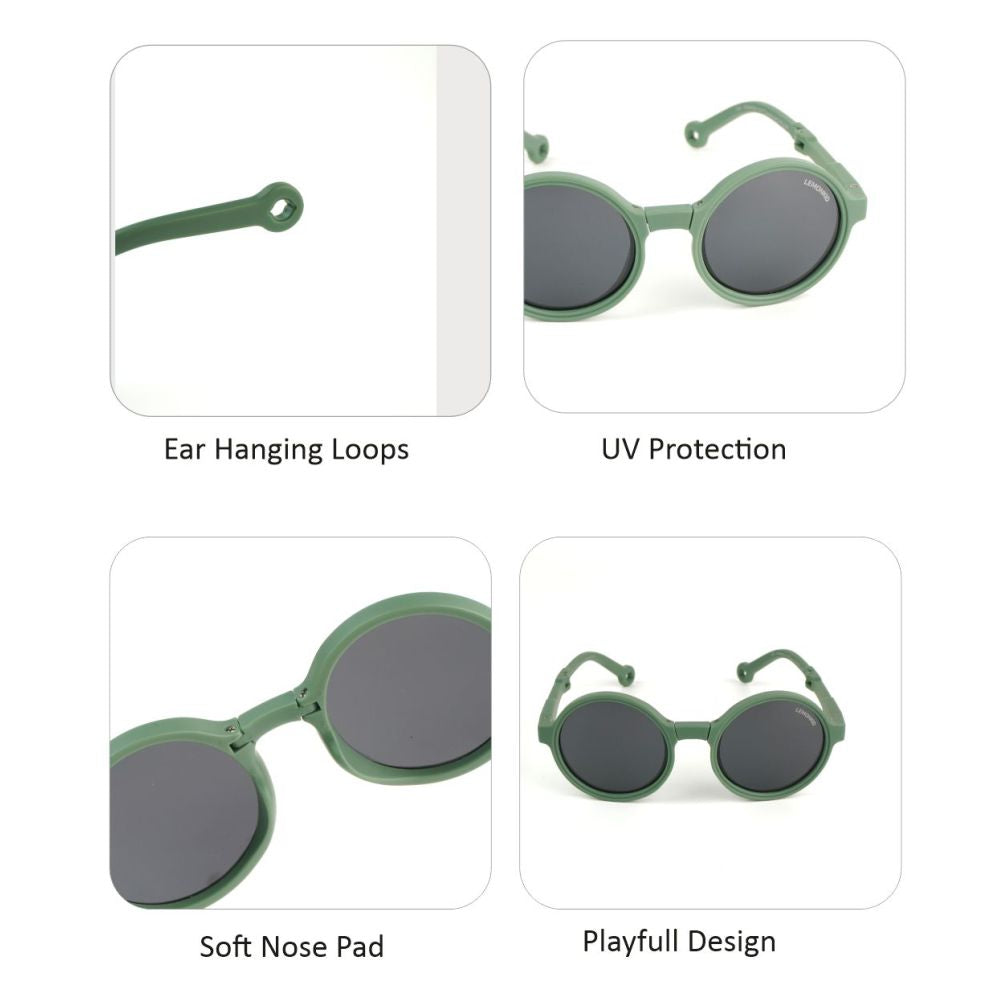 3Fold Round Olive Green Frame Anti Ultraviolet Unisex Sunglasses for Toddlers with Pouch Hardcase Storage