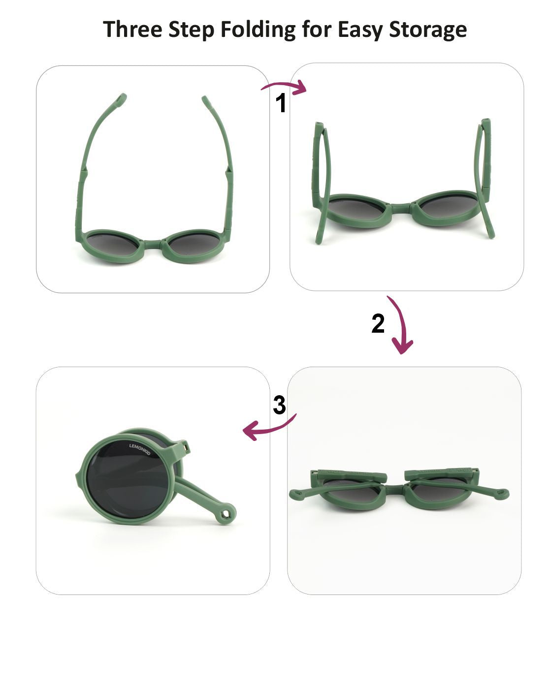 3Fold Round Olive Green Frame Anti Ultraviolet Unisex Sunglasses for Toddlers with Pouch Hardcase Storage