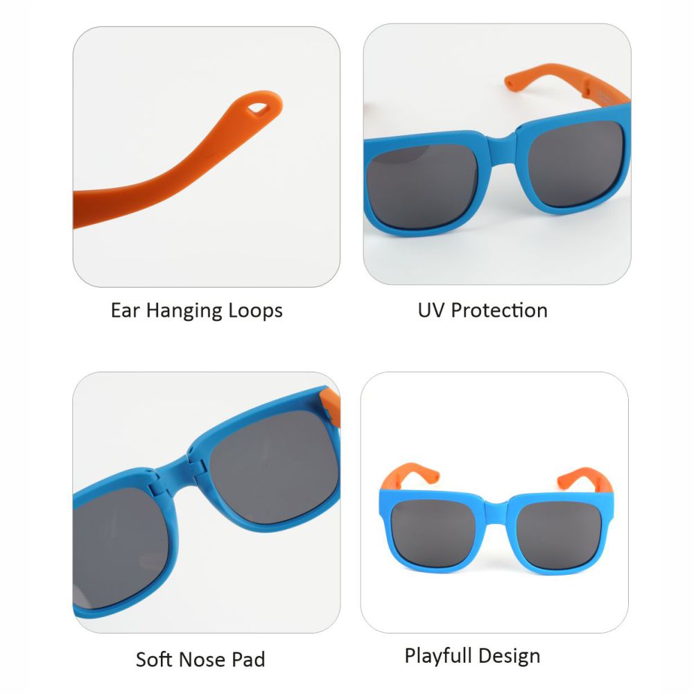 3Fold Square BlueFrame Anti Ultraviolet Unisex Sunglasses for Toddlers with Pouch Hardcase Storage