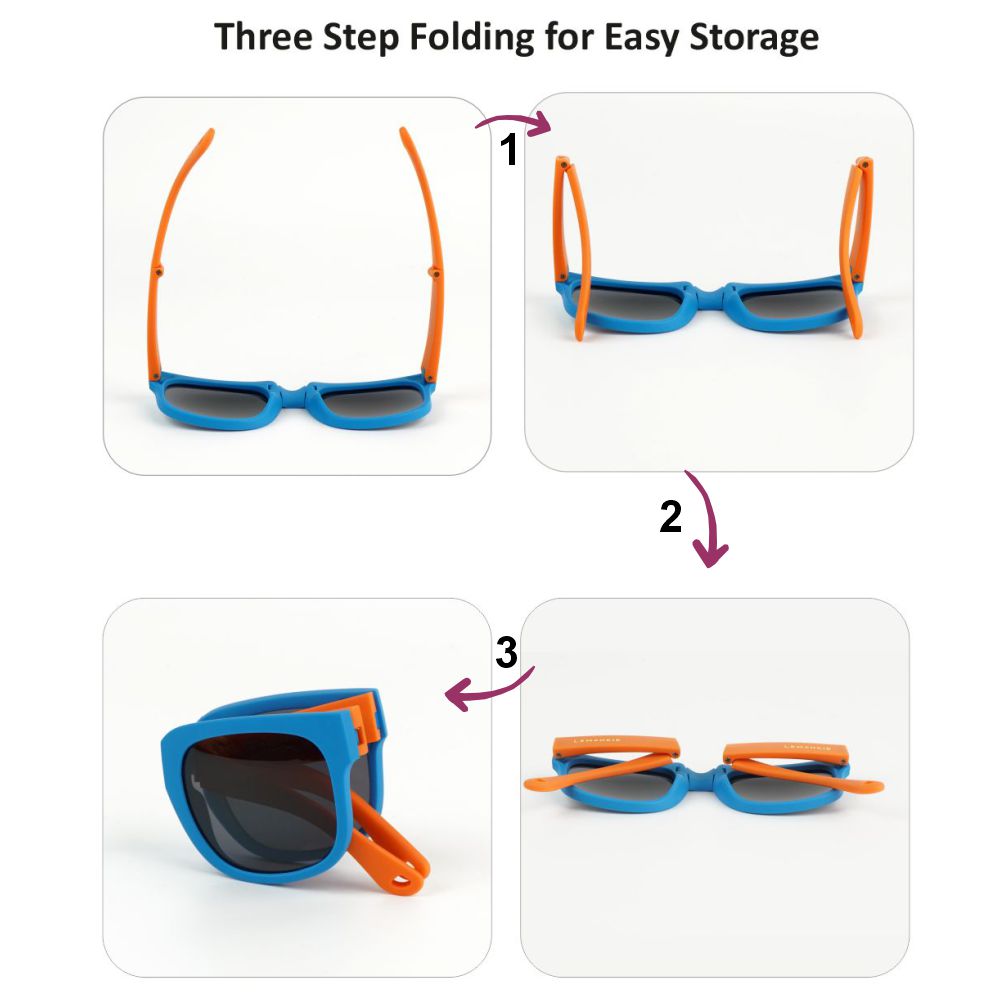 3Fold Square BlueFrame Anti Ultraviolet Unisex Sunglasses for Toddlers with Pouch Hardcase Storage