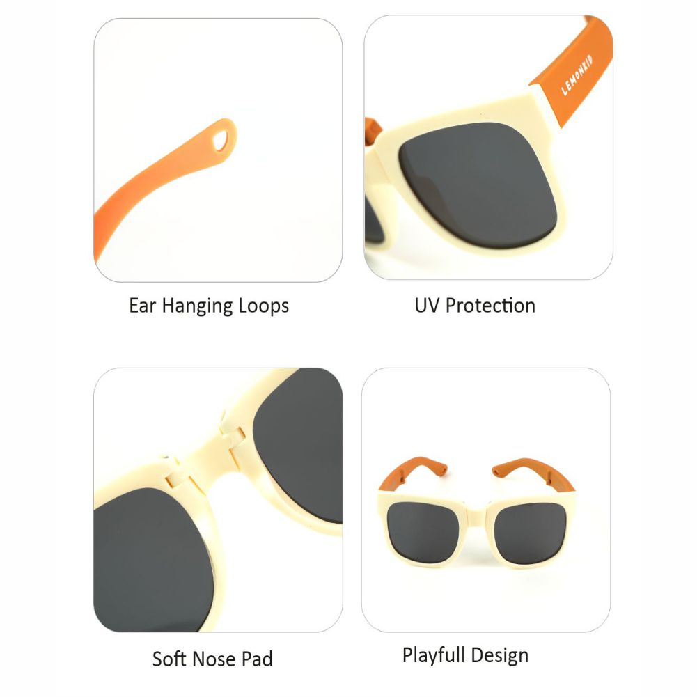 3Fold Square Cream Frame Anti Ultraviolet Unisex Sunglasses for Toddlers with Pouch Hardcase Storage