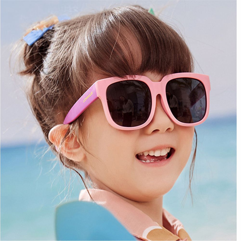 3Fold Square Pink Frame Anti Ultraviolet Unisex Sunglasses for Toddlers with Pouch Hardcase Storage