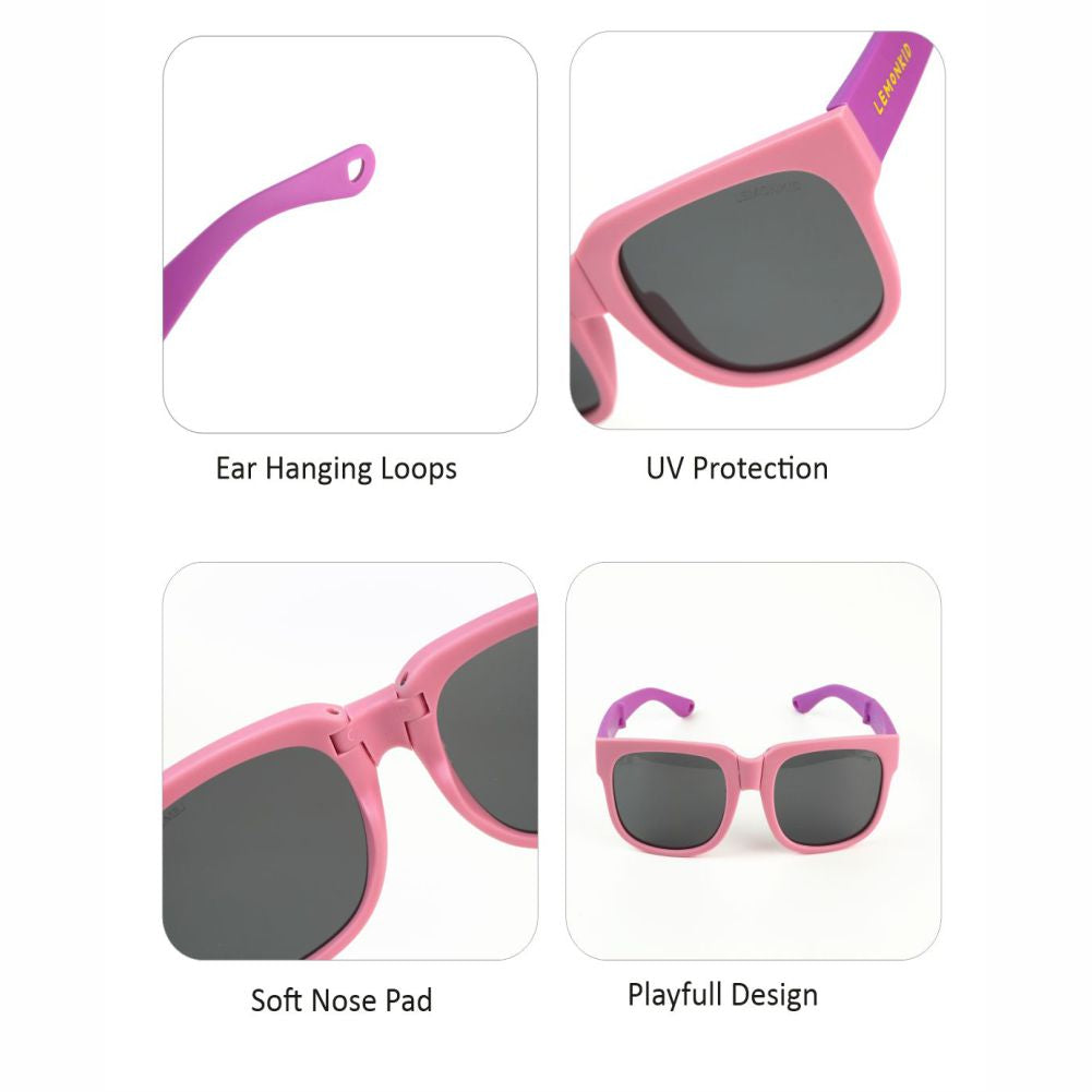 3Fold Square Pink Frame Anti Ultraviolet Unisex Sunglasses for Toddlers with Pouch Hardcase Storage