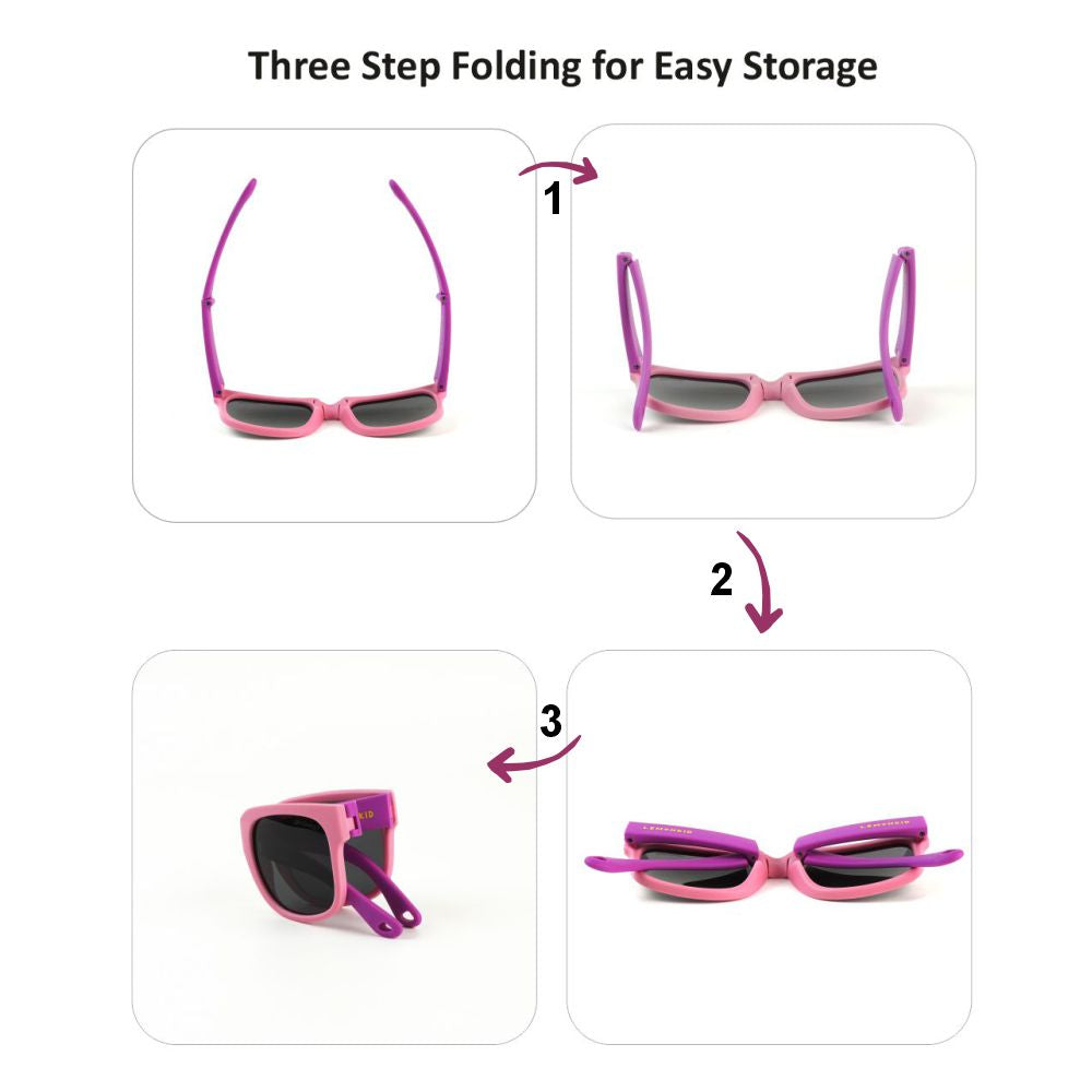 3Fold Square Pink Frame Anti Ultraviolet Unisex Sunglasses for Toddlers with Pouch Hardcase Storage