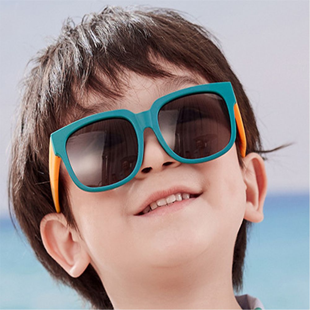 3Fold Square Teal Frame Anti Ultraviolet Unisex Sunglasses for Toddlers with Pouch Hardcase Storage