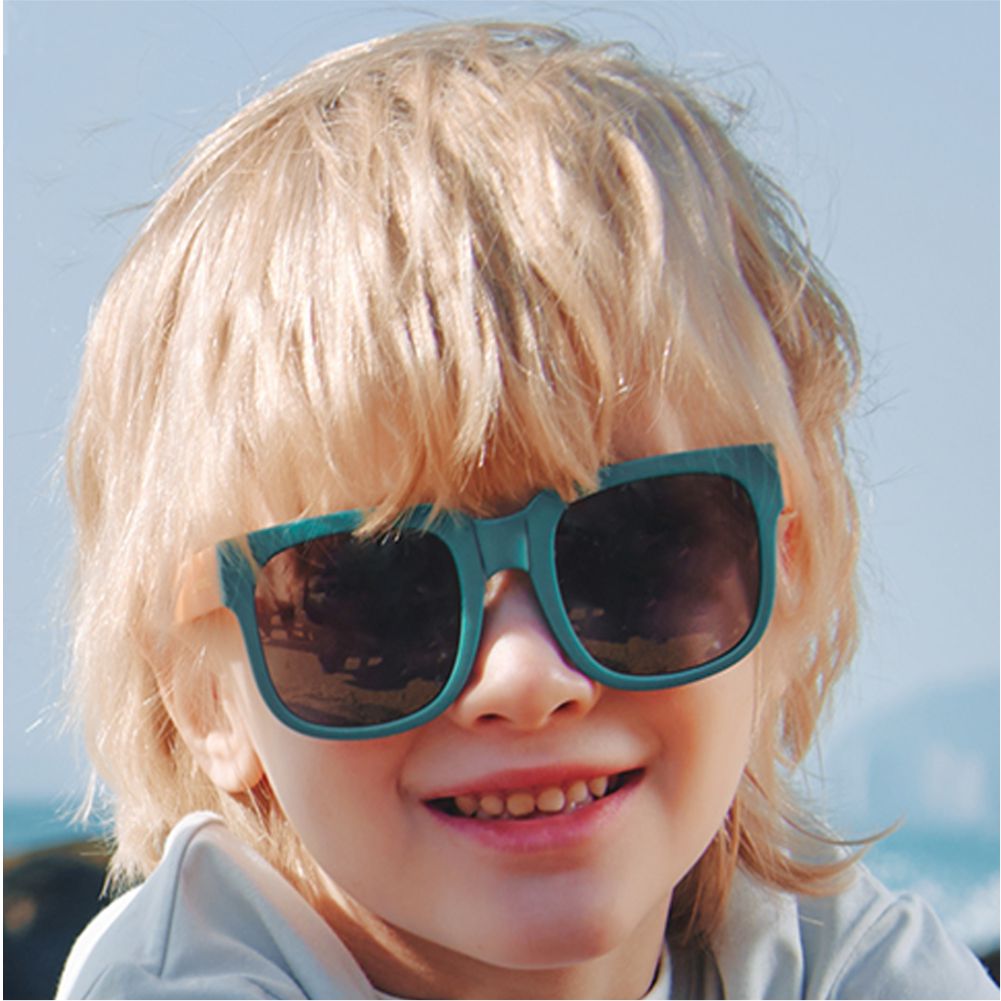 3Fold Square Teal Frame Anti Ultraviolet Unisex Sunglasses for Toddlers with Pouch Hardcase Storage