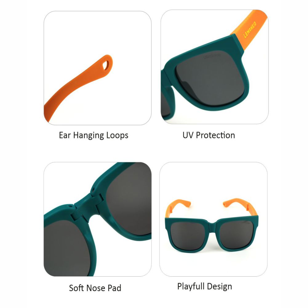 3Fold Square Teal Frame Anti Ultraviolet Unisex Sunglasses for Toddlers with Pouch Hardcase Storage