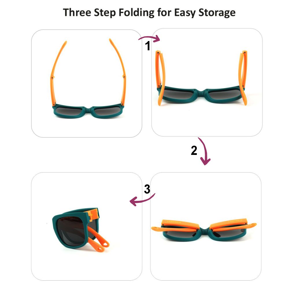 3Fold Square Teal Frame Anti Ultraviolet Unisex Sunglasses for Toddlers with Pouch Hardcase Storage