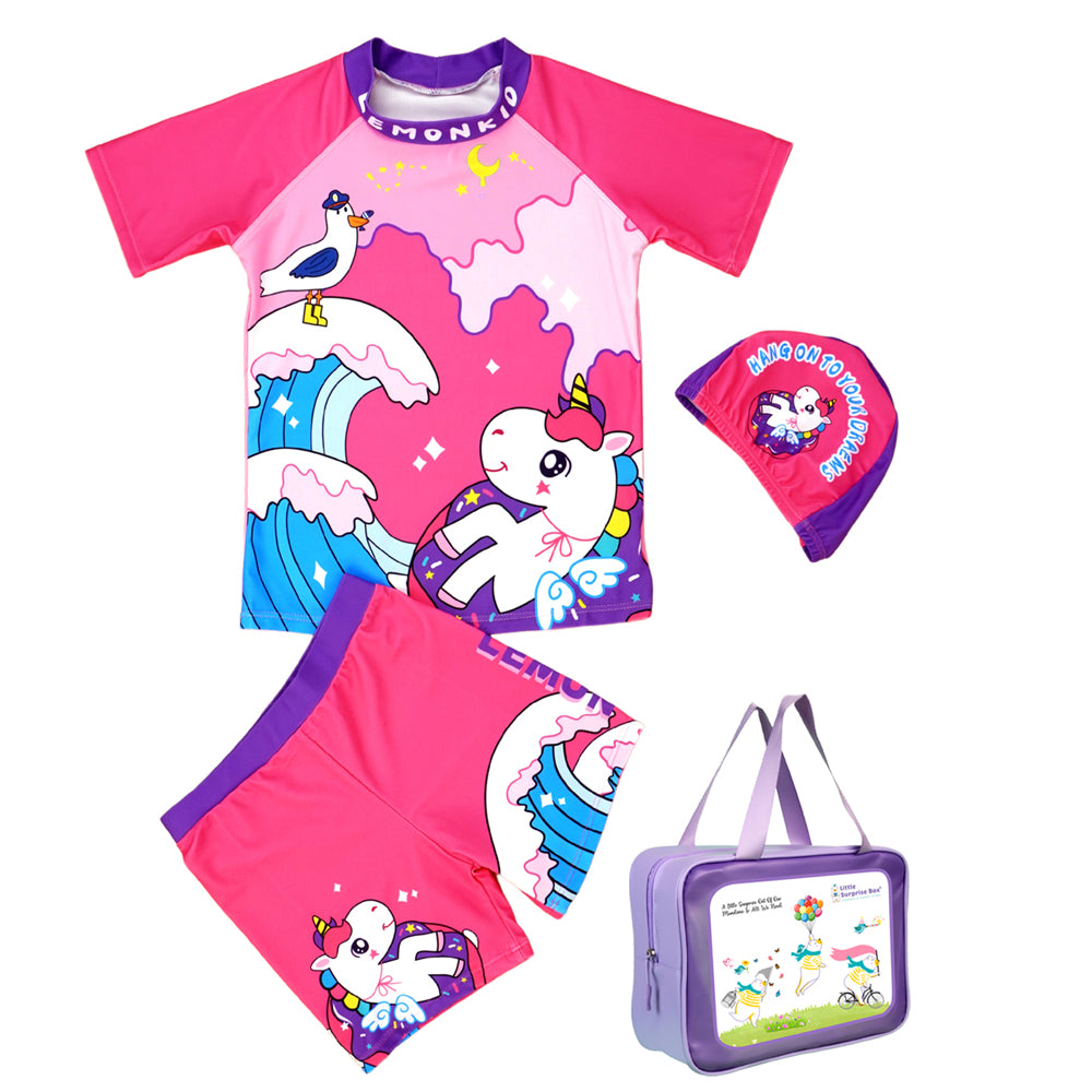 2pcs Dark Pink Unicorn Moon,Kids UPF 50+ Swimwear with matching Swim Cap&Free Washbag