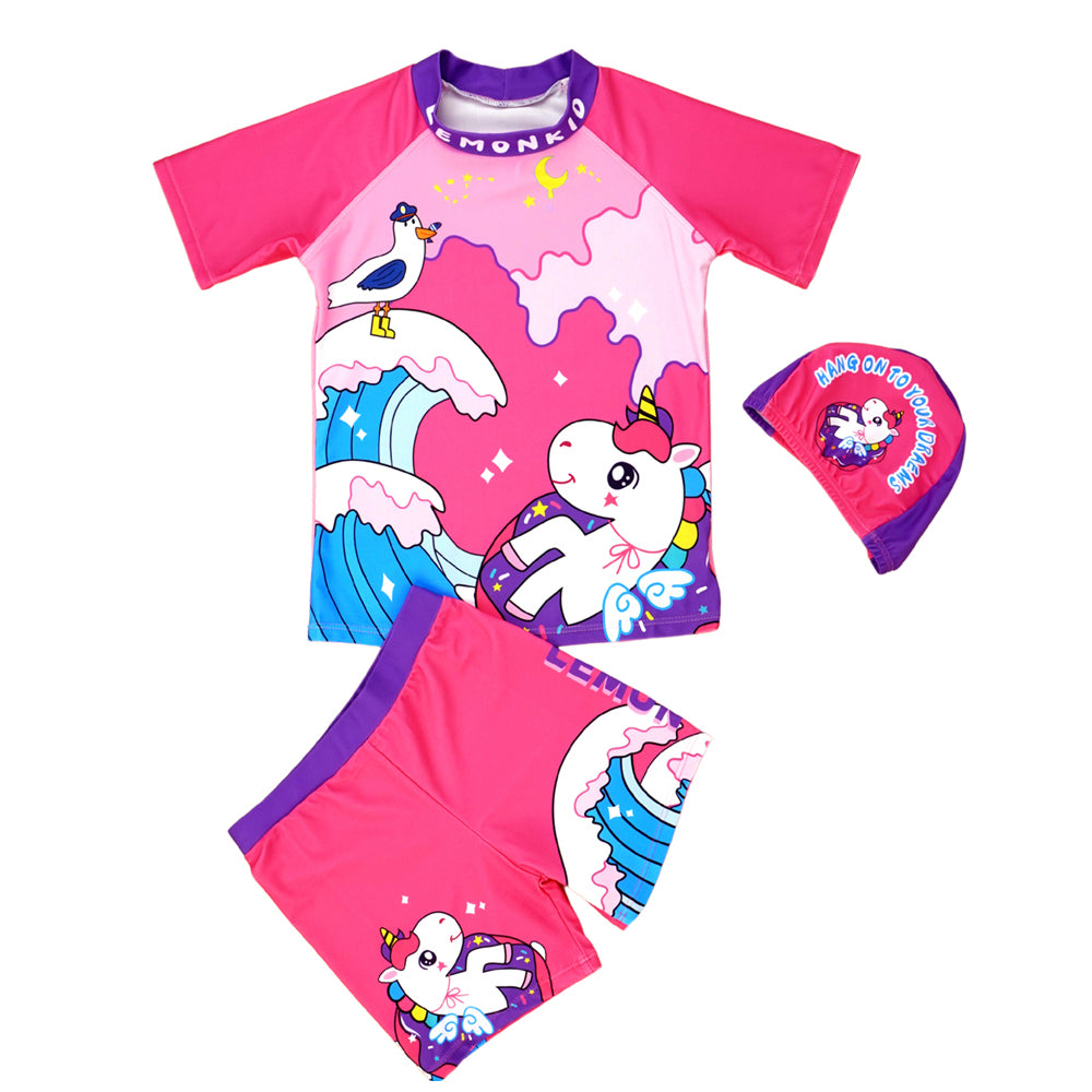 Unicorn Moon Print Swimsuit and Swim Cap for Kids- 2Pcs (UPF 50+&A) - Pink