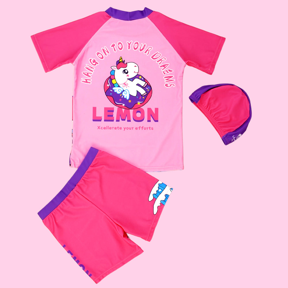 2pcs Dark Pink Unicorn Moon,Kids UPF 50+ Swimwear with matching Swim Cap&Free Washbag