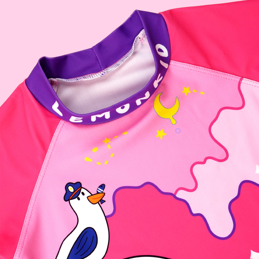 2pcs Dark Pink Unicorn Moon,Kids UPF 50+ Swimwear with matching Swim Cap&Free Washbag