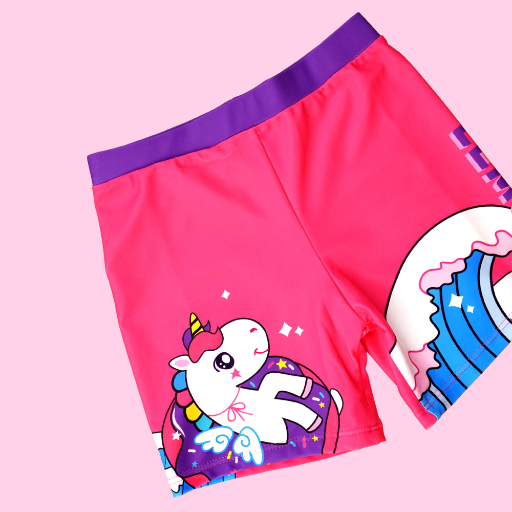 2pcs Dark Pink Unicorn Moon,Kids UPF 50+ Swimwear with matching Swim Cap&Free Washbag