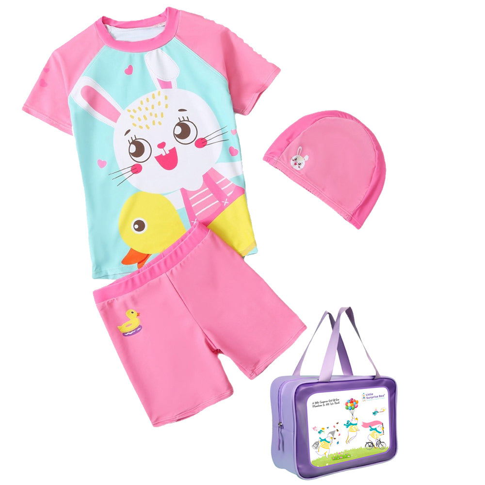 2pcs Pink & Blue Rabbit Duck theme Kids UPF 50+ Swimwear with matching Swim Cap & Free Washbag