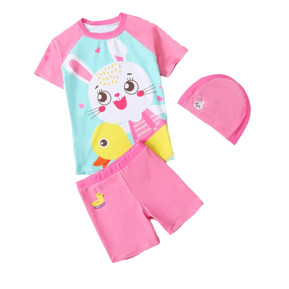 Rabbit Duck Theme Swimsuit and Swim Cap for Kids- 2Pcs (UPF 50+&A) - Pink