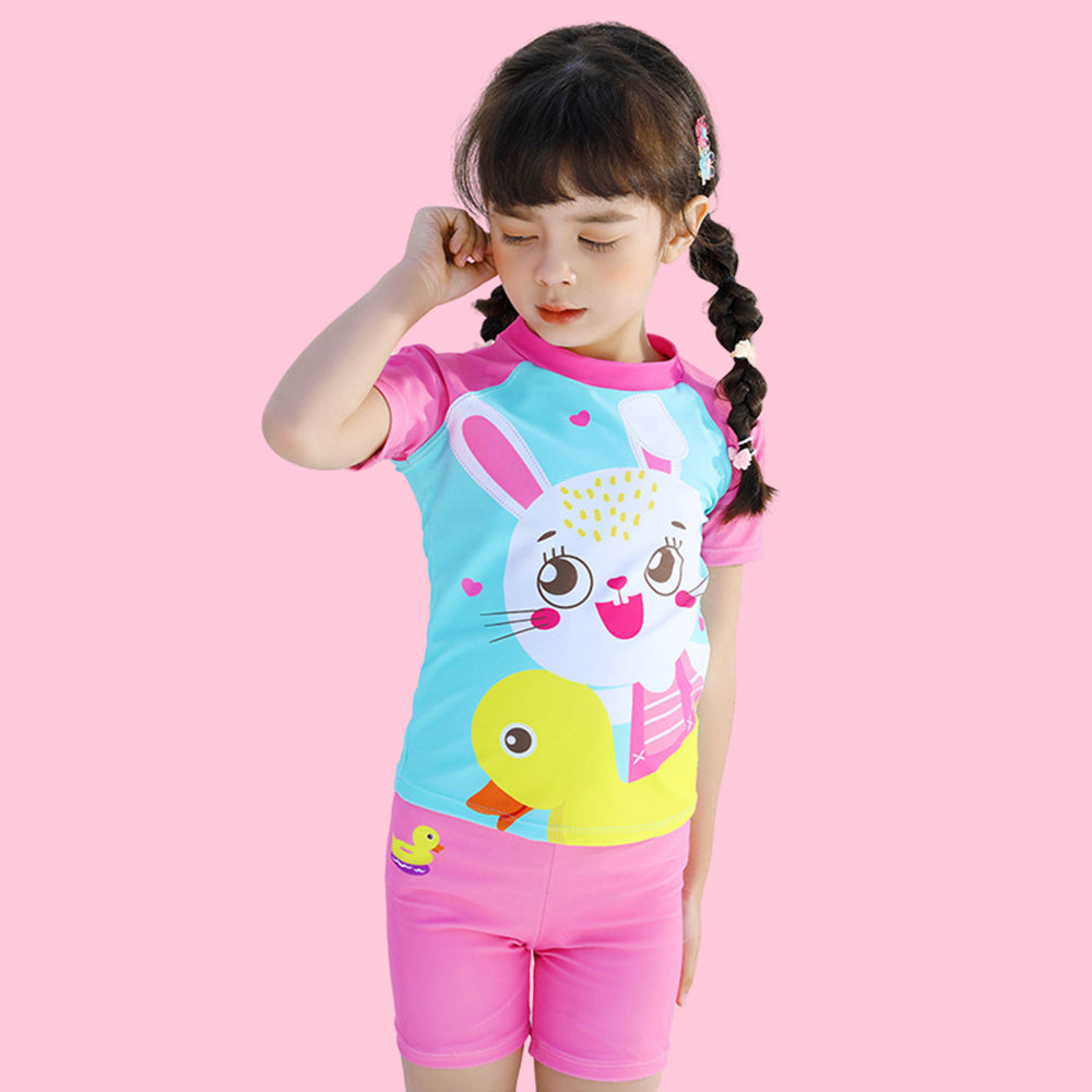 2pcs Pink & Blue Rabbit Duck theme Kids UPF 50+ Swimwear with matching Swim Cap & Free Washbag