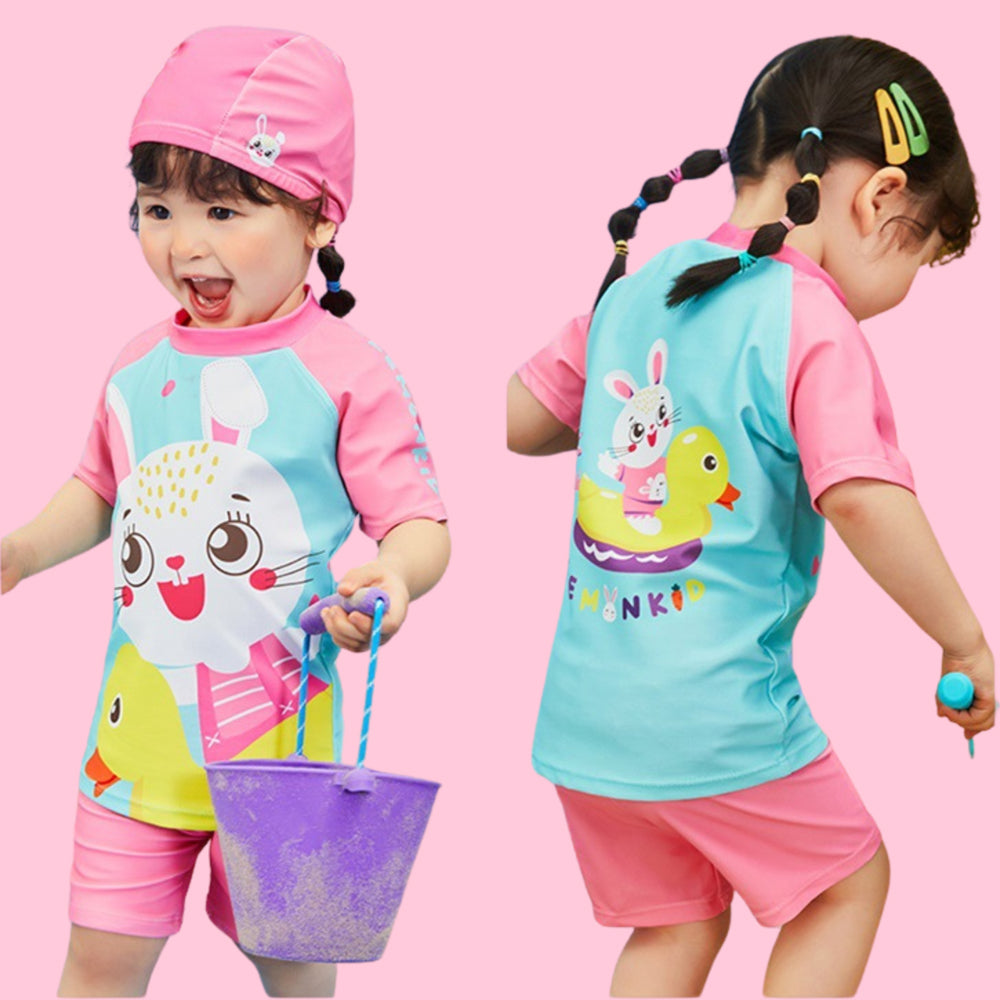 2pcs Pink & Blue Rabbit Duck theme Kids UPF 50+ Swimwear with matching Swim Cap & Free Washbag