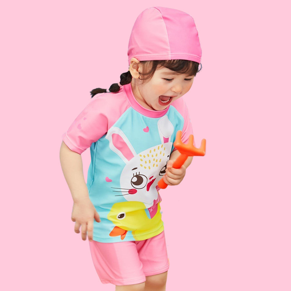 2pcs Pink & Blue Rabbit Duck theme Kids UPF 50+ Swimwear with matching Swim Cap & Free Washbag