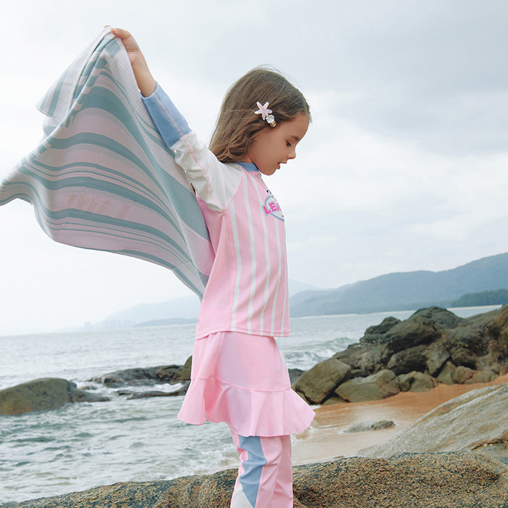 2pcs Bold Pink Stripes Swimsuit for Girls with UPF 50+&a free Swim Washbag.