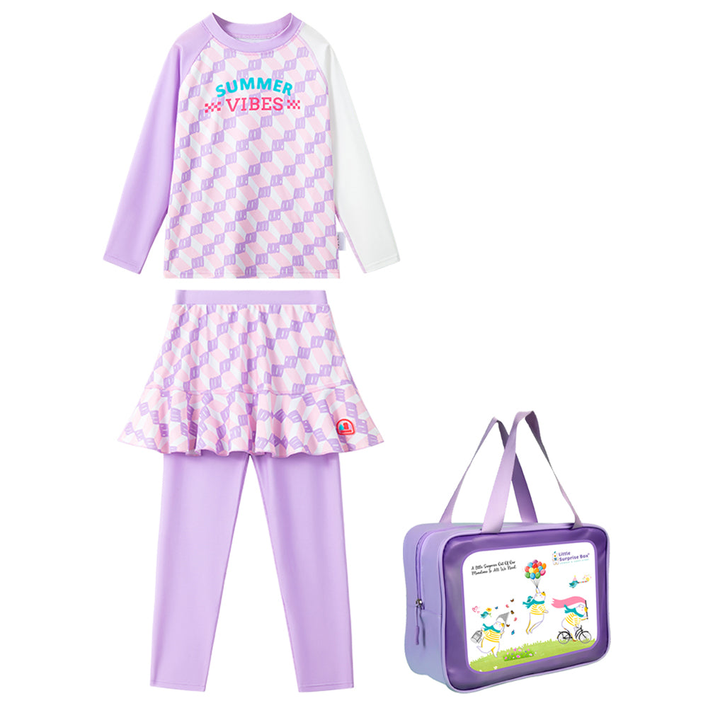 Little Surprise Box,2Pcs Purple Checkered Swimsuit For Girls With Upf 50+&A Free Swim Washbag.