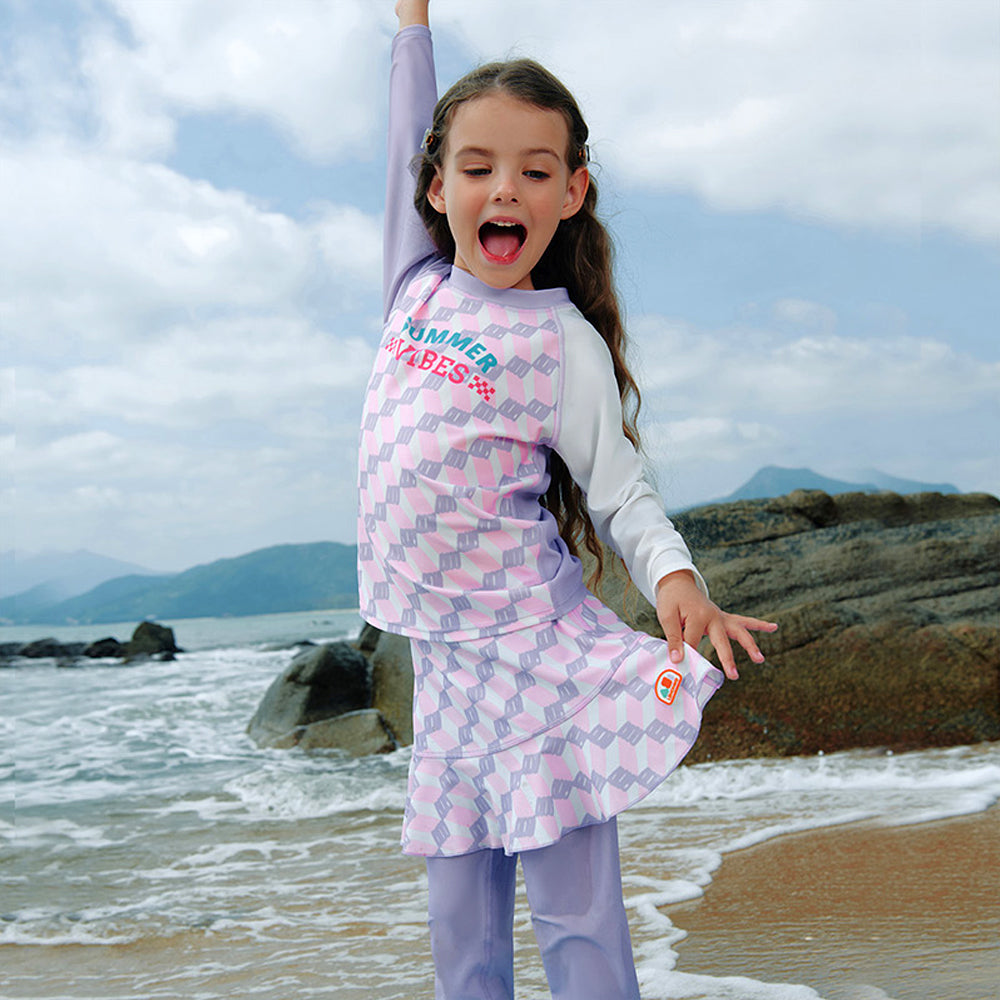 Little Surprise Box,2Pcs Purple Checkered Swimsuit For Girls With Upf 50+&A Free Swim Washbag.