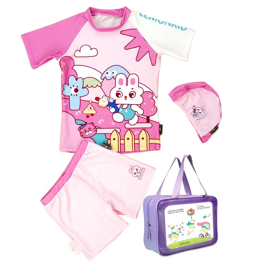 Little Surpise Box,2Pcs Shirt & Shorts Set Baby Pink Rabbit Toy Kids Upf 50+ Swimwear With Matching Swim Cap&Free Washbag-100